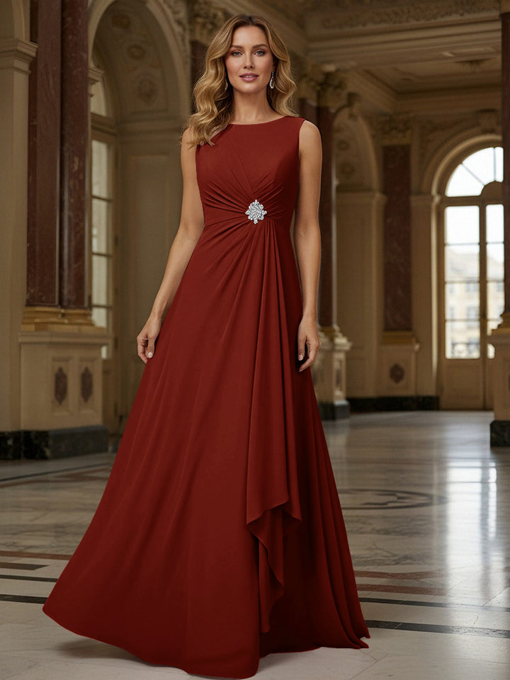 Crew Neck Ruffles Sleeveless Mother of the Bride Dresses with Beadings