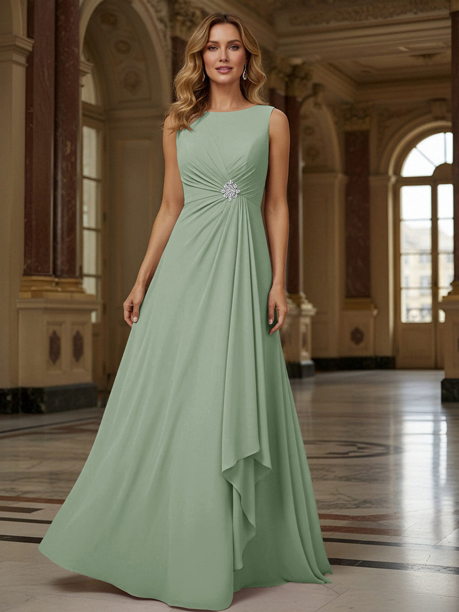 Crew Neck Ruffles Sleeveless Mother of the Bride Dresses with Beadings