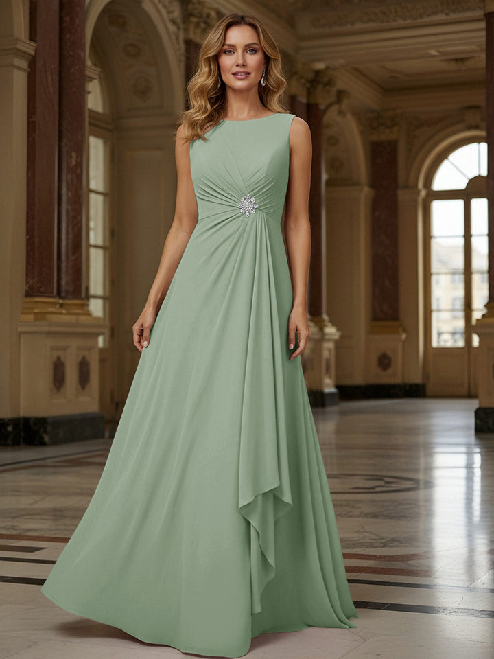 Crew Neck Ruffles Sleeveless Mother of the Bride Dresses with Beadings