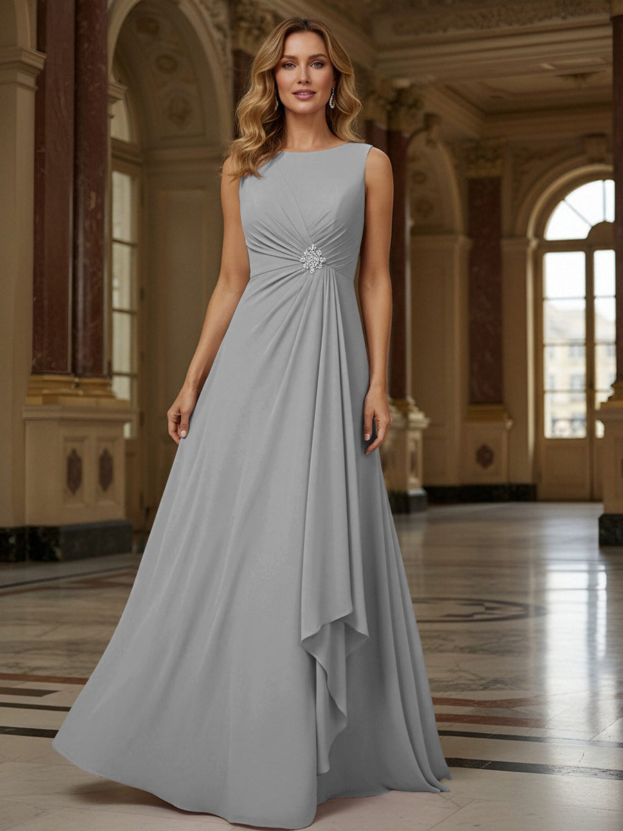 Crew Neck Ruffles Sleeveless Mother of the Bride Dresses with Beadings