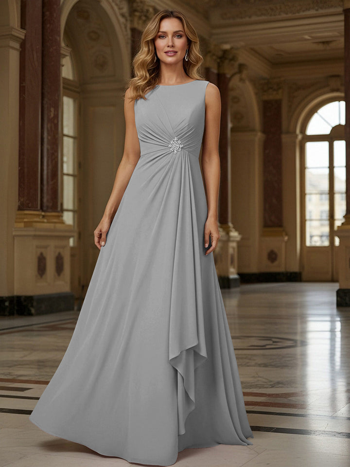 Crew Neck Ruffles Sleeveless Mother of the Bride Dresses with Beadings