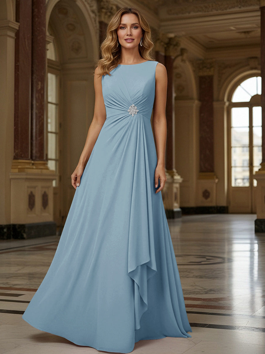 Crew Neck Ruffles Sleeveless Mother of the Bride Dresses with Beadings