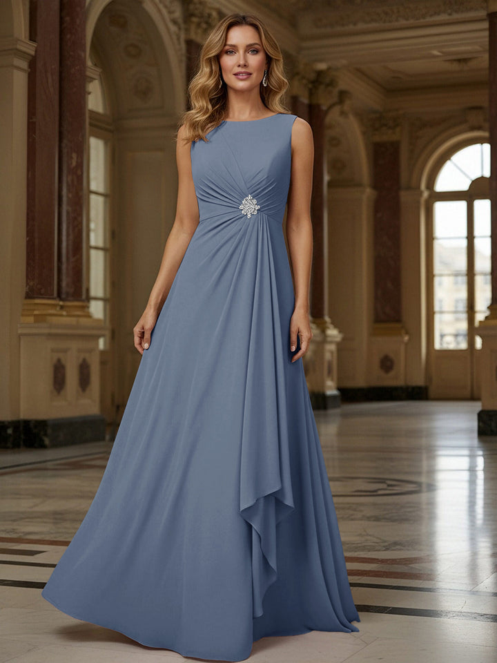 Crew Neck Ruffles Sleeveless Mother of the Bride Dresses with Beadings