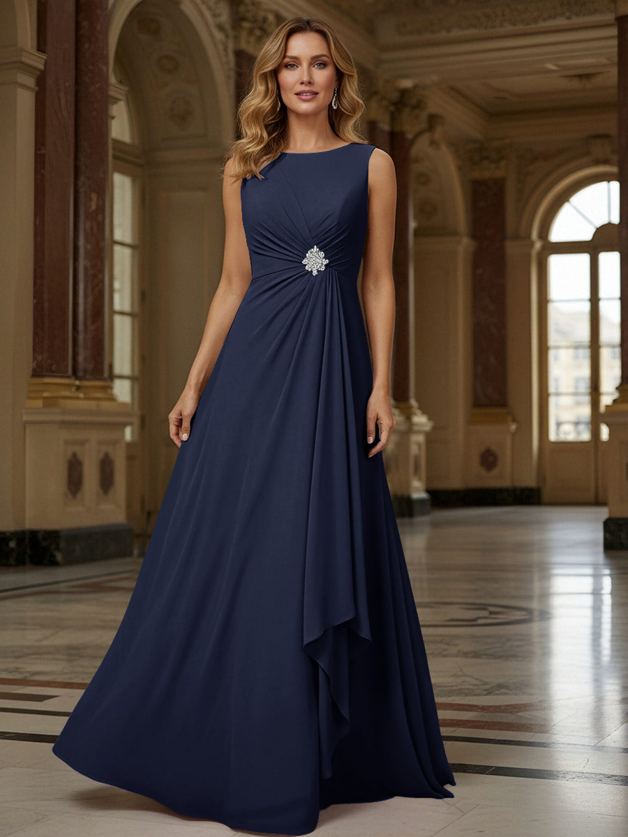 Crew Neck Ruffles Sleeveless Mother of the Bride Dresses with Beadings