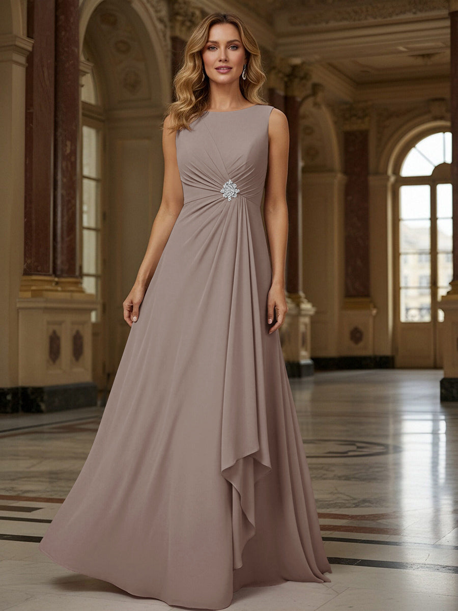 Crew Neck Ruffles Sleeveless Mother of the Bride Dresses with Beadings