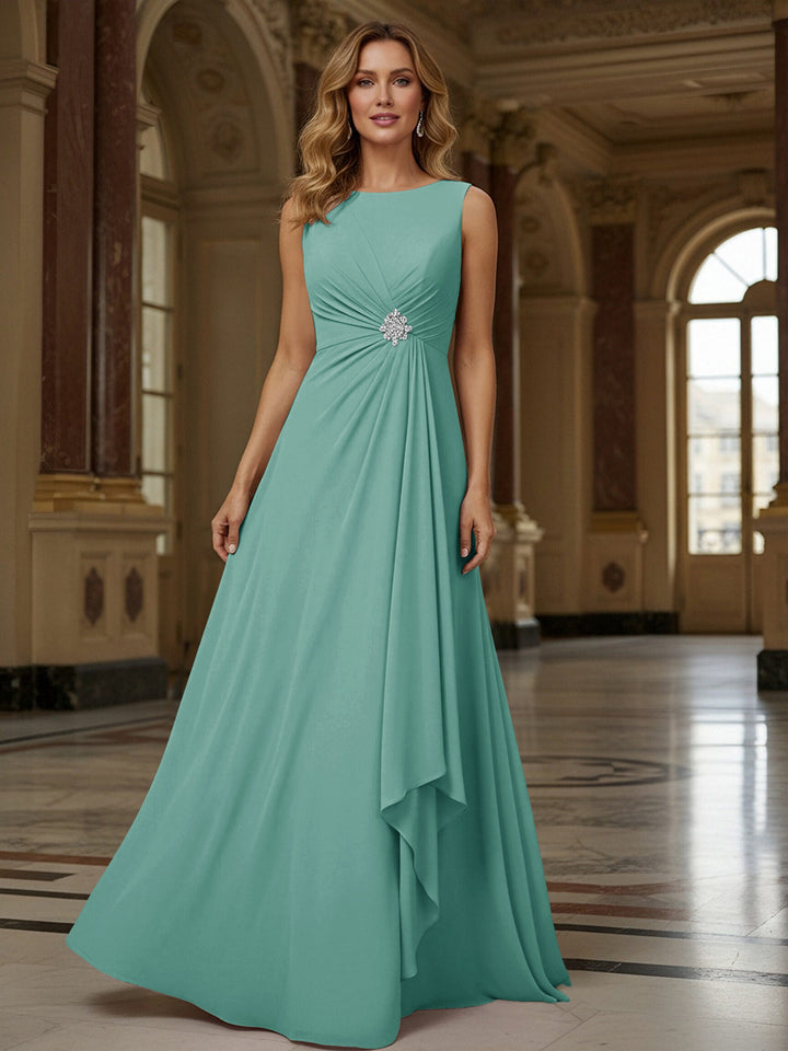 Crew Neck Ruffles Sleeveless Mother of the Bride Dresses with Beadings