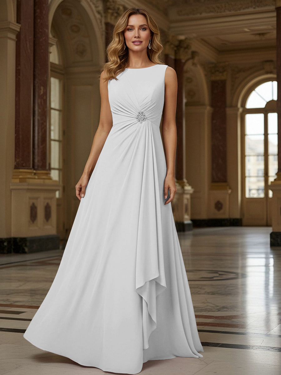 Crew Neck Ruffles Sleeveless Mother of the Bride Dresses with Beadings
