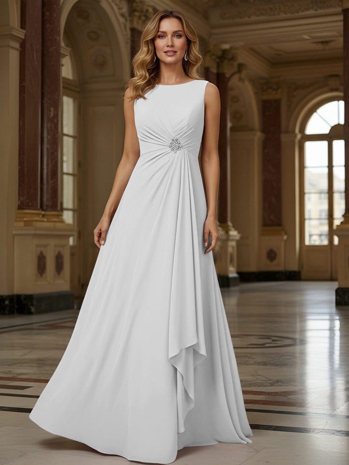 Crew Neck Ruffles Sleeveless Mother of the Bride Dresses with Beadings