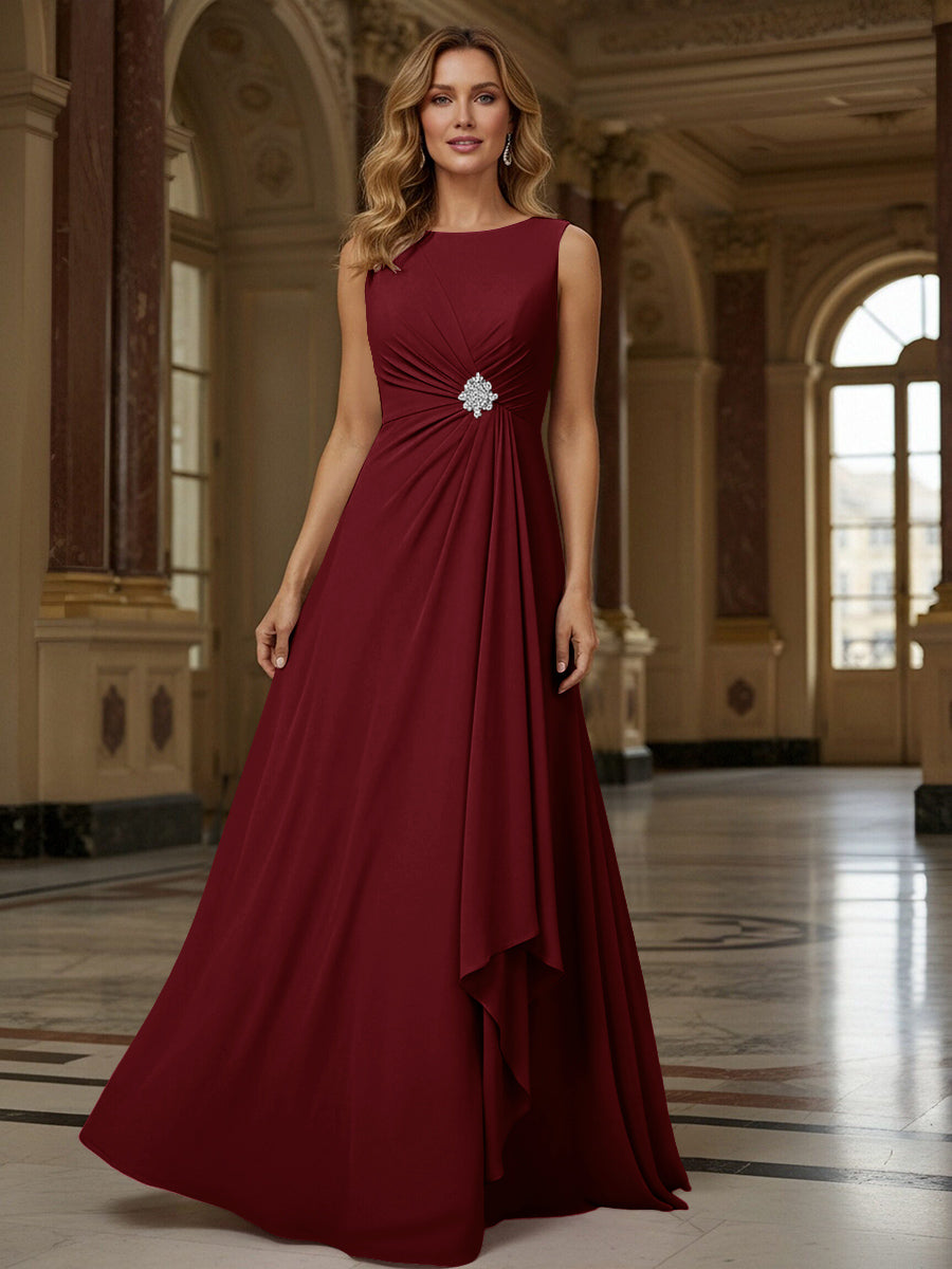 Crew Neck Ruffles Sleeveless Mother of the Bride Dresses with Beadings