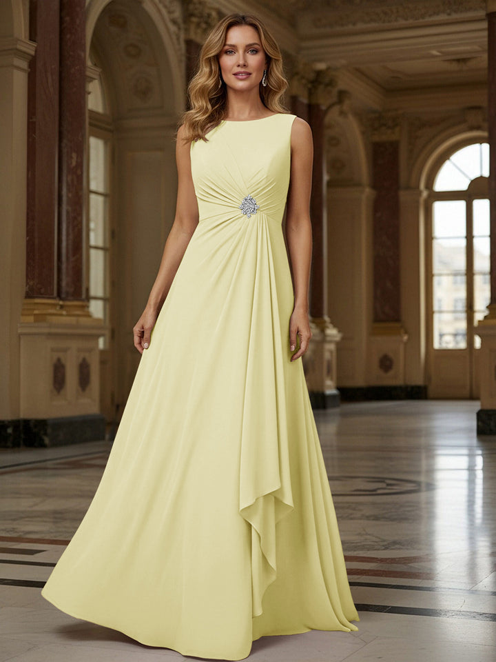 Crew Neck Ruffles Sleeveless Mother of the Bride Dresses with Beadings