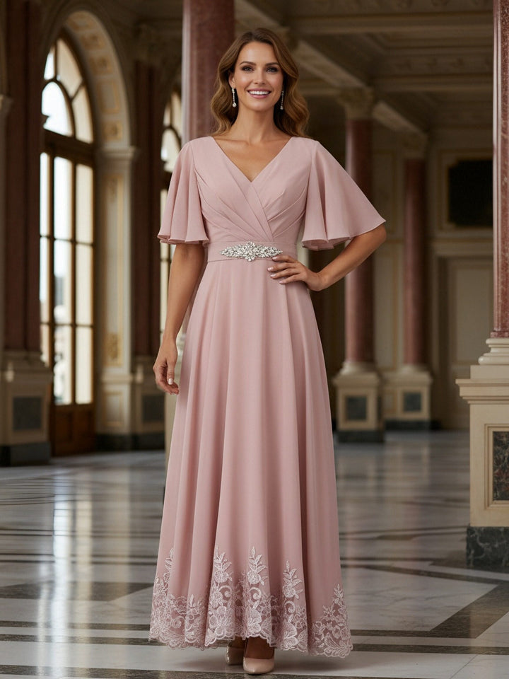V Neck Short Sleeves Lace Applique Mother of the Bride Dresses with Beads