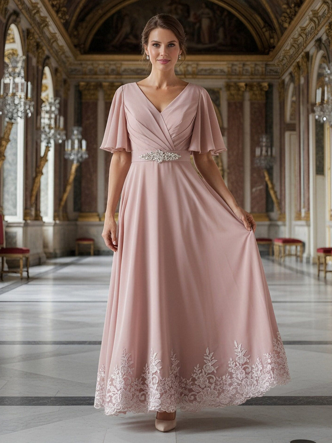 V Neck Short Sleeves Lace Applique Mother of the Bride Dresses with Beads