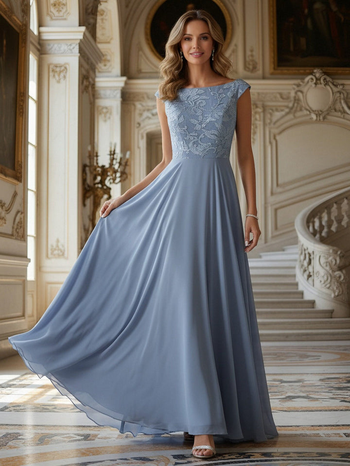 Lace Applique Boat Neck A Line Long Mother of the Bride Dresses