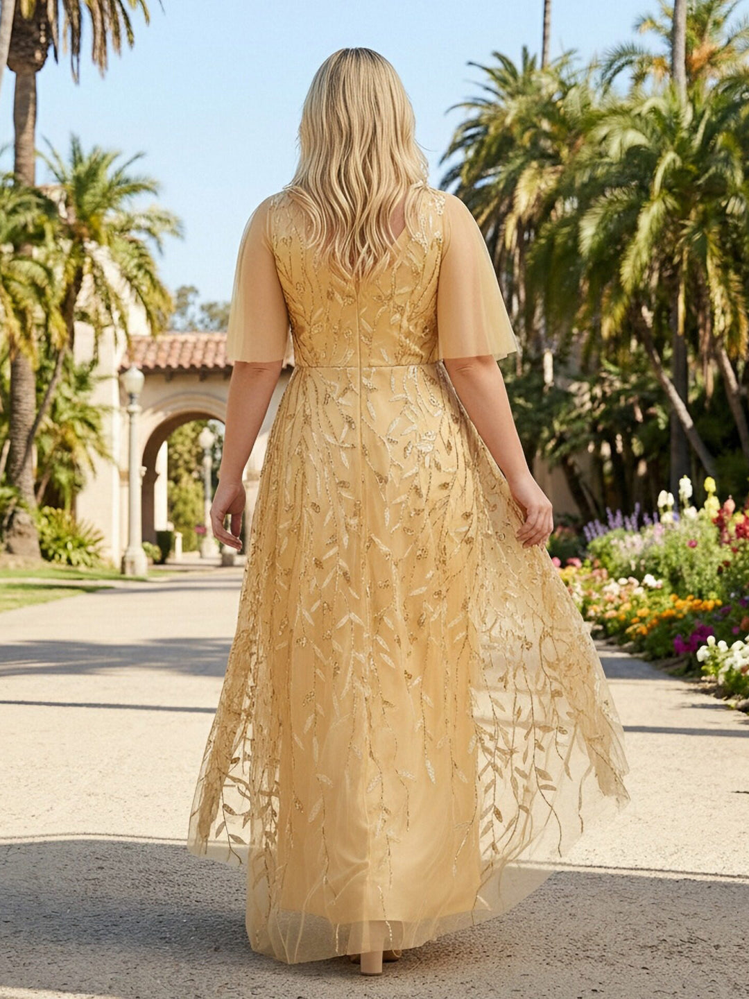 High Low Short Sleeves Sequin Round Neck Ruffles A Line Mother of the Bride Dresses