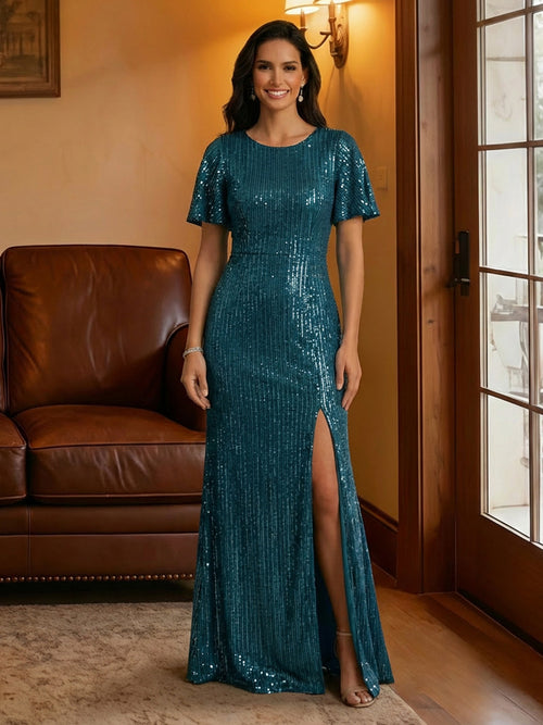 Scoop Neck Sequin Short Sleeves Mother of the Bride Dresses with Slit