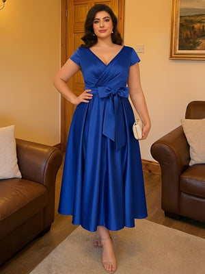 V Neck Pleated Satin Bow Mother of the Bride Dresses