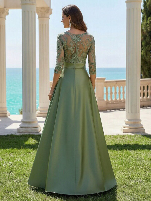 Mother of the Bride & Groom Dress Wedding Guest Gown A Line Corset Scoop Neck Satin Laces