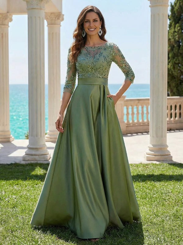 Mother of the Bride & Groom Dress Wedding Guest Gown A Line Corset Scoop Neck Satin Laces