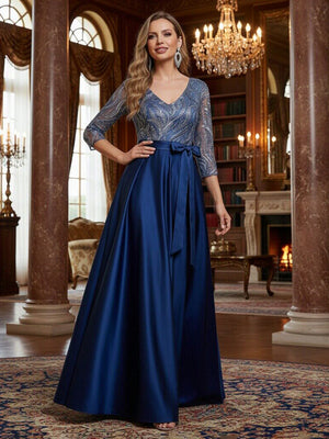 Mother of the Bride & Groom Dress Formal Gown A Line Corset V Neck Satin