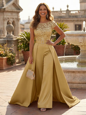 Mother of the Bride & Groom Pant Suit Corset A Line Pleats V Neck Satin