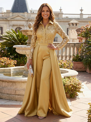 Mother of the Bride & Groom Pant Suit A Line Pleats V Neck Corset Satin