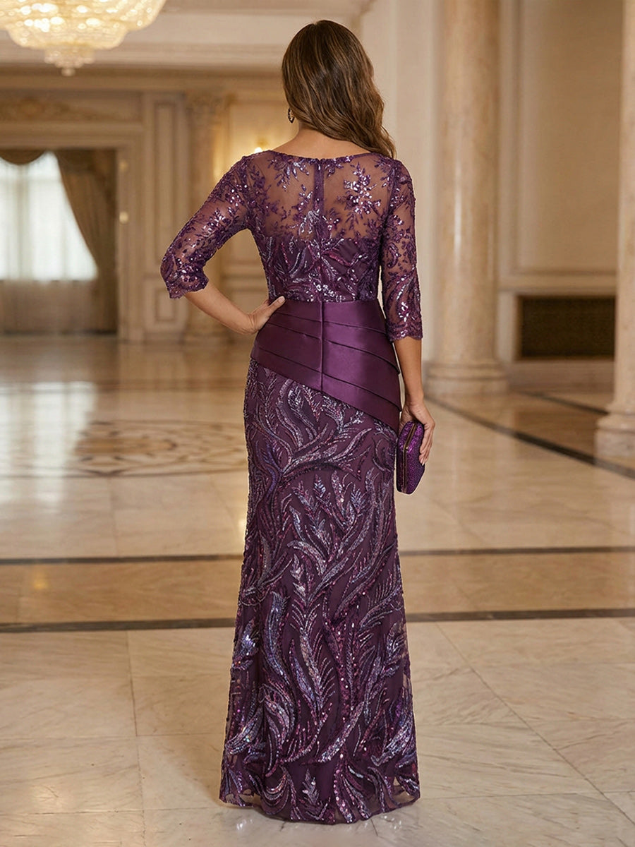 Mother of the Bride & Groom Dress Sheath Illusion Long Sleeves with Floral Sequin Embroidery