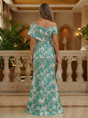 Mother of the Bride & Groom Dress Floral Jacquard Sheath Maxi Gown with Asymmetrical Short Sleeves, Draped Bow & Rhinestones