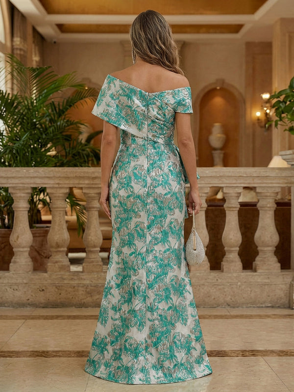 Mother of the Bride & Groom Dress Floral Jacquard Sheath Maxi Gown with Asymmetrical Short Sleeves, Draped Bow & Rhinestones