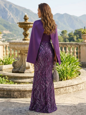 Mother of the Bride & Groom Dress Strapless Detachable Cape Sleeves Maxi Formal Gown with Sequin Beaded Embroidery