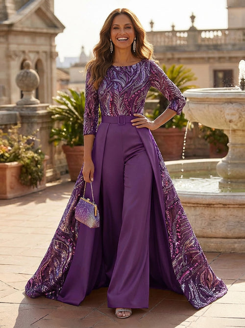 Mother of the Bride & Groom Jumpsuit Satin 3/4 Sleeves Long Formal Evening Gown with Floral Sequin Embroidery