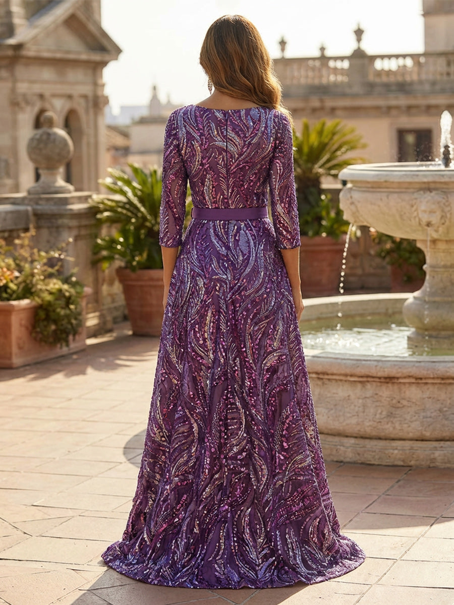 Mother of the Bride & Groom Jumpsuit Satin 3/4 Sleeves Long Formal Evening Gown with Floral Sequin Embroidery