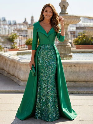 Mother of the Bride & Groom Dresses Mermaid Satin with 3/4 Sleeves, Satin Sweep Train & Sequin Embroidery