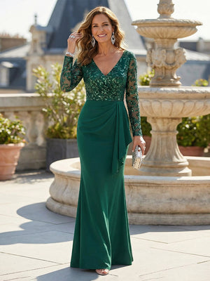 Sheath Mother of the Bride & Groom Dresses with Long Sheer Sleeves & Sequin Embroidery