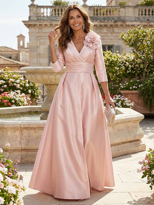 A-Line Satin Mother of the Bride & Groom Dresses with 3/4 Sleeves & Floral Applique