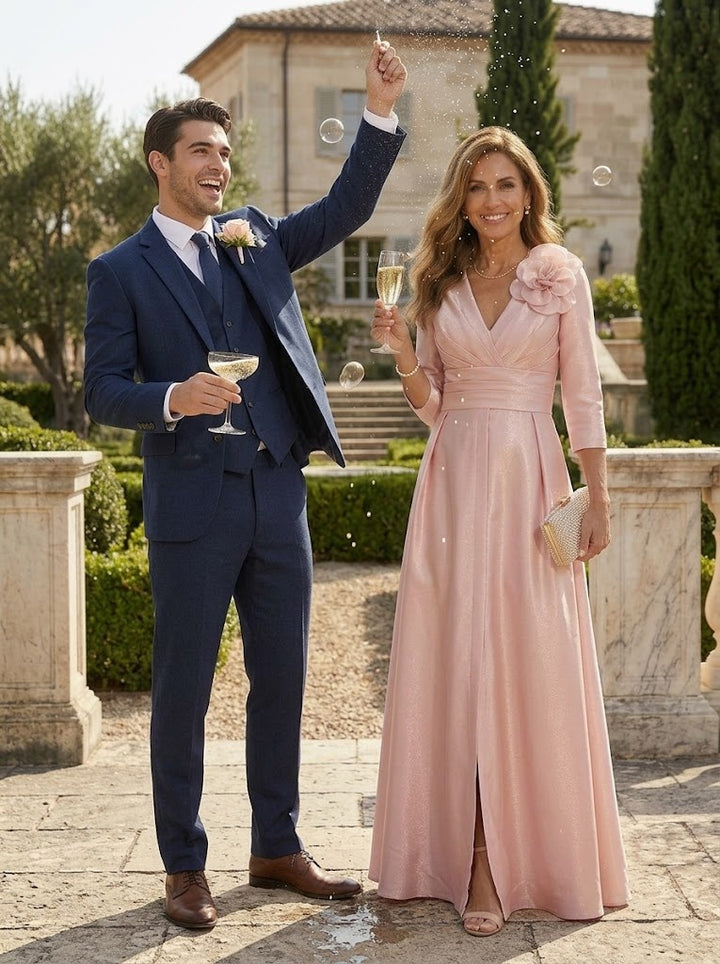 A-Line Satin Mother of the Bride & Groom Dresses with 3/4 Sleeves & Floral Applique