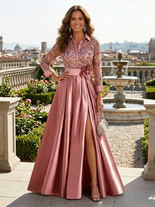 A Line 3D Flowers Mother of the Bride & Groom Dresses with Sleeves & Lace Appliques