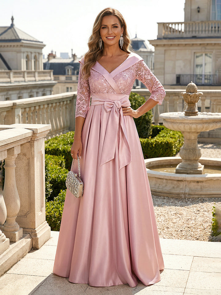 Mother of the Bride & Groom Dress V Neck A Line Corset Pleats Bow Satin