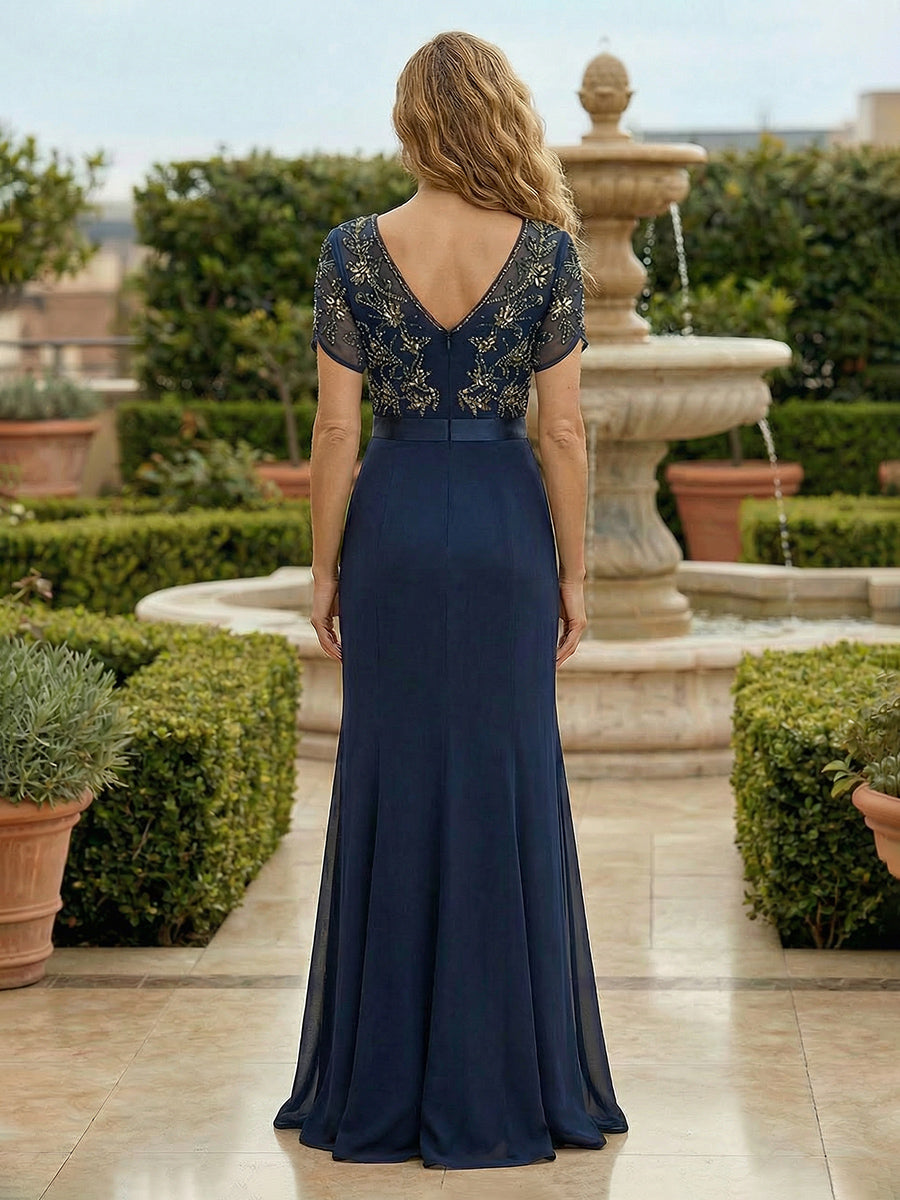 Mother of the Bride & Groom Dress V Neck Corset Pleats Chiffon with Slit