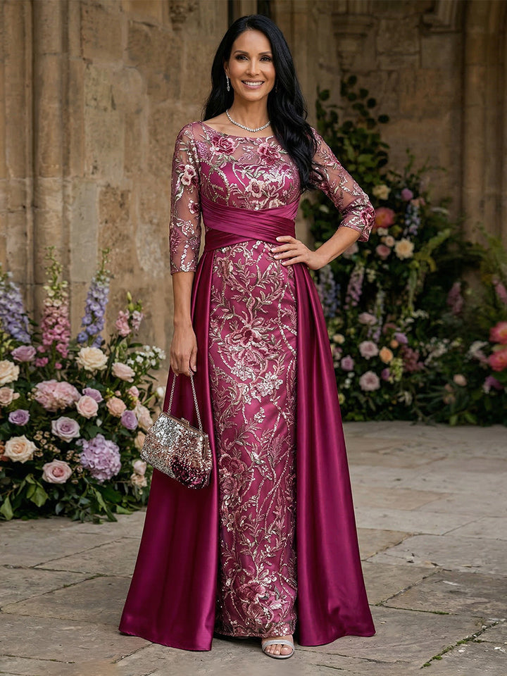 Lace Appliques Mermaid Scoop Neck Satin Pleated Floor Length Mother of the Bride Dresses