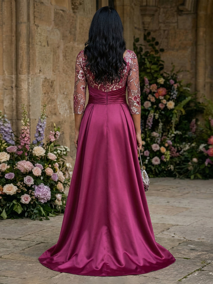 Lace Appliques Mermaid Scoop Neck Satin Pleated Floor Length Mother of the Bride Dresses