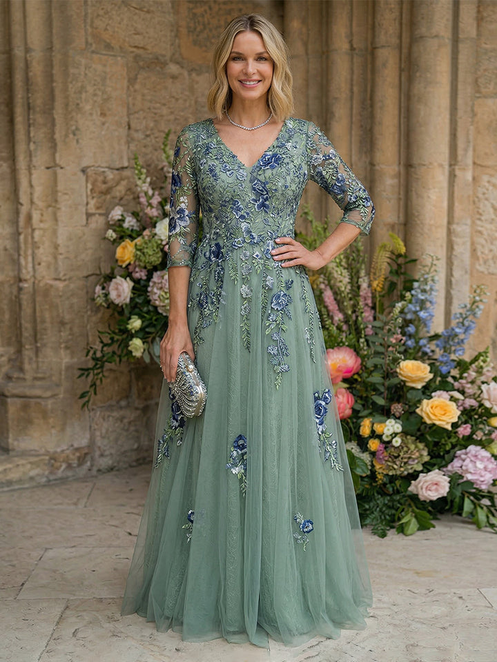 Tulle A Line V Neck Floor Length Mother of the Bride Dresses