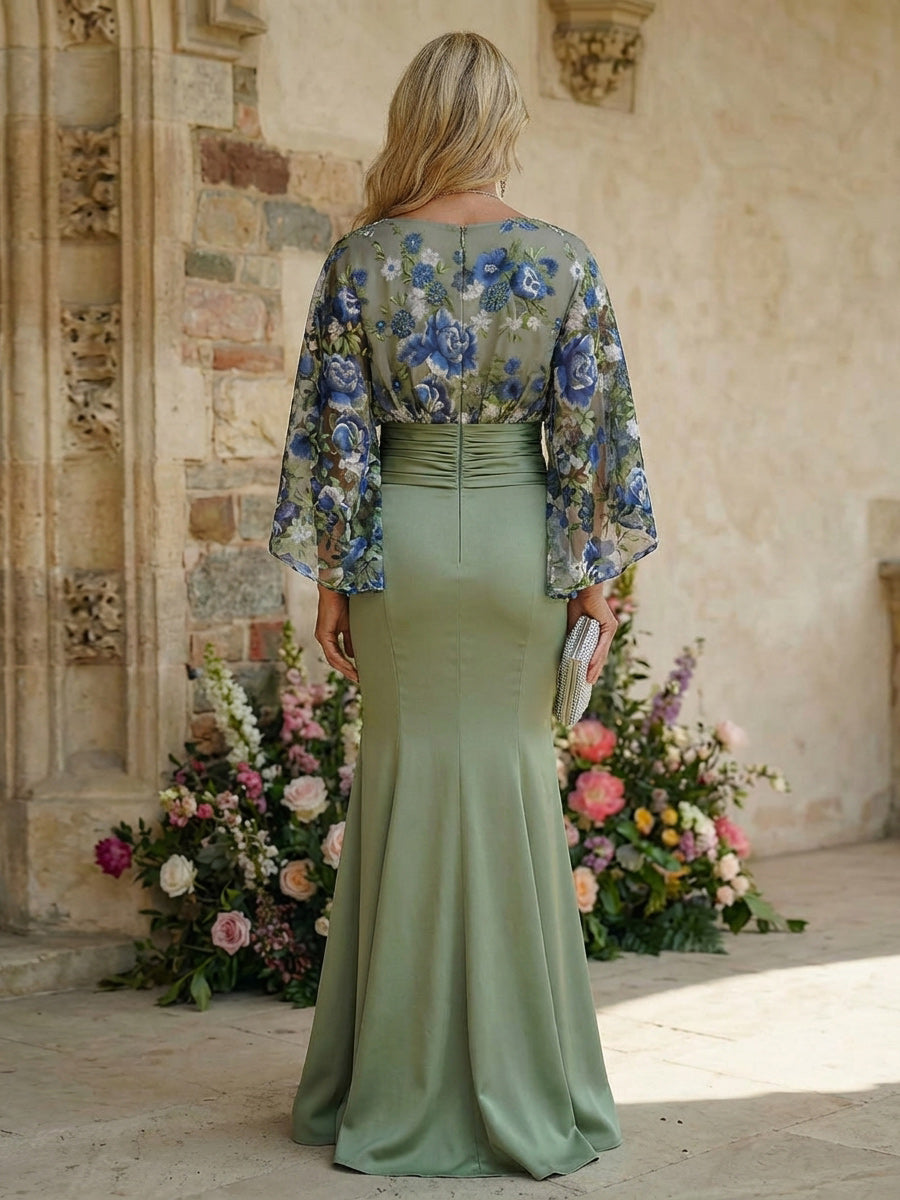 Satin Mermaid Round Neck Floor Length Mother of the Bride Dresses