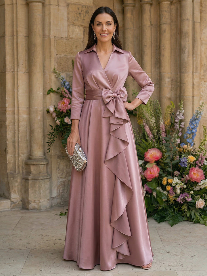 Satin A Line V Neck Floor Length Mother of the Bride Dresses