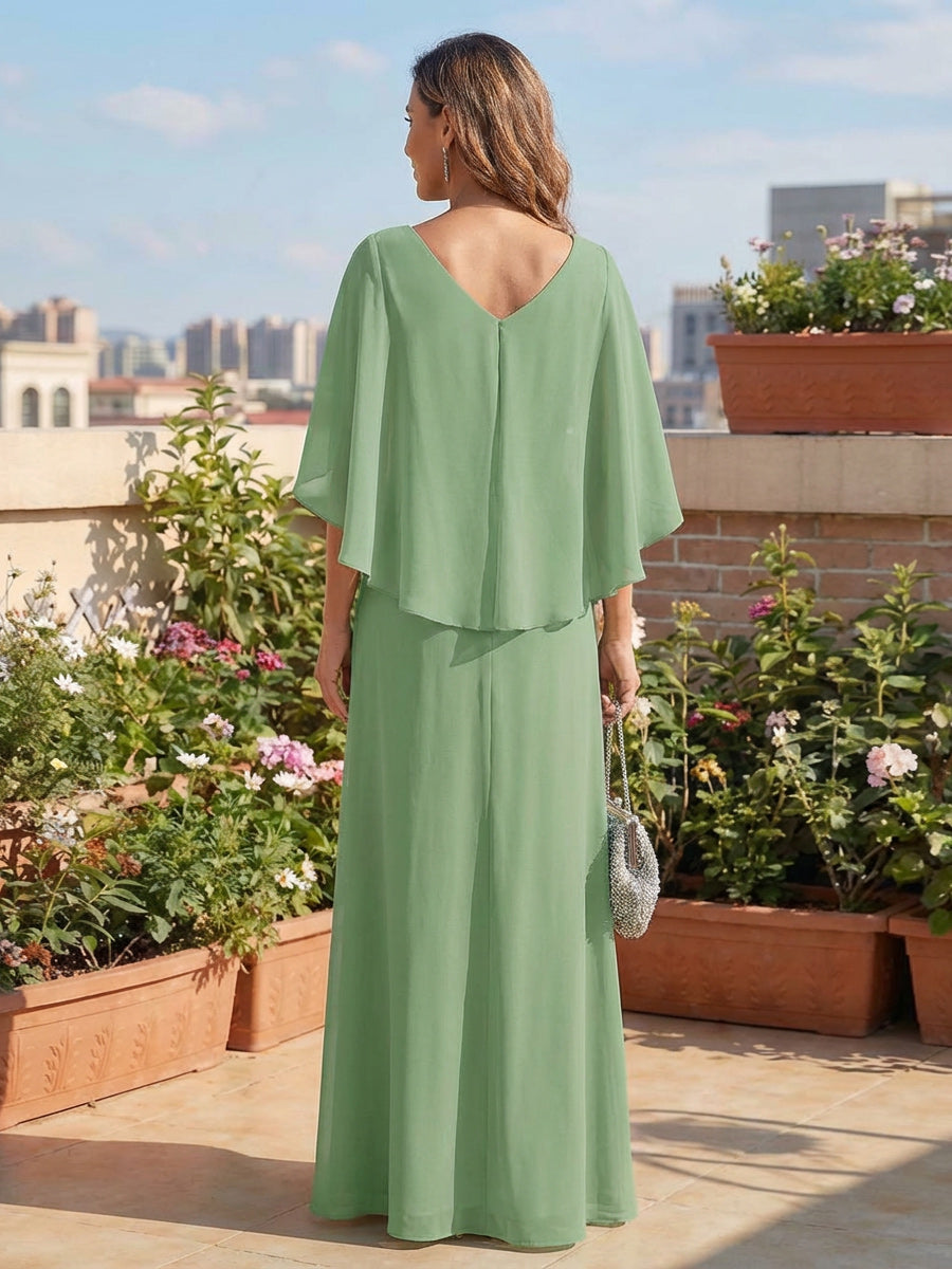 Chiffon V Neck Cape Sleeves Mother of the Bride Dresses