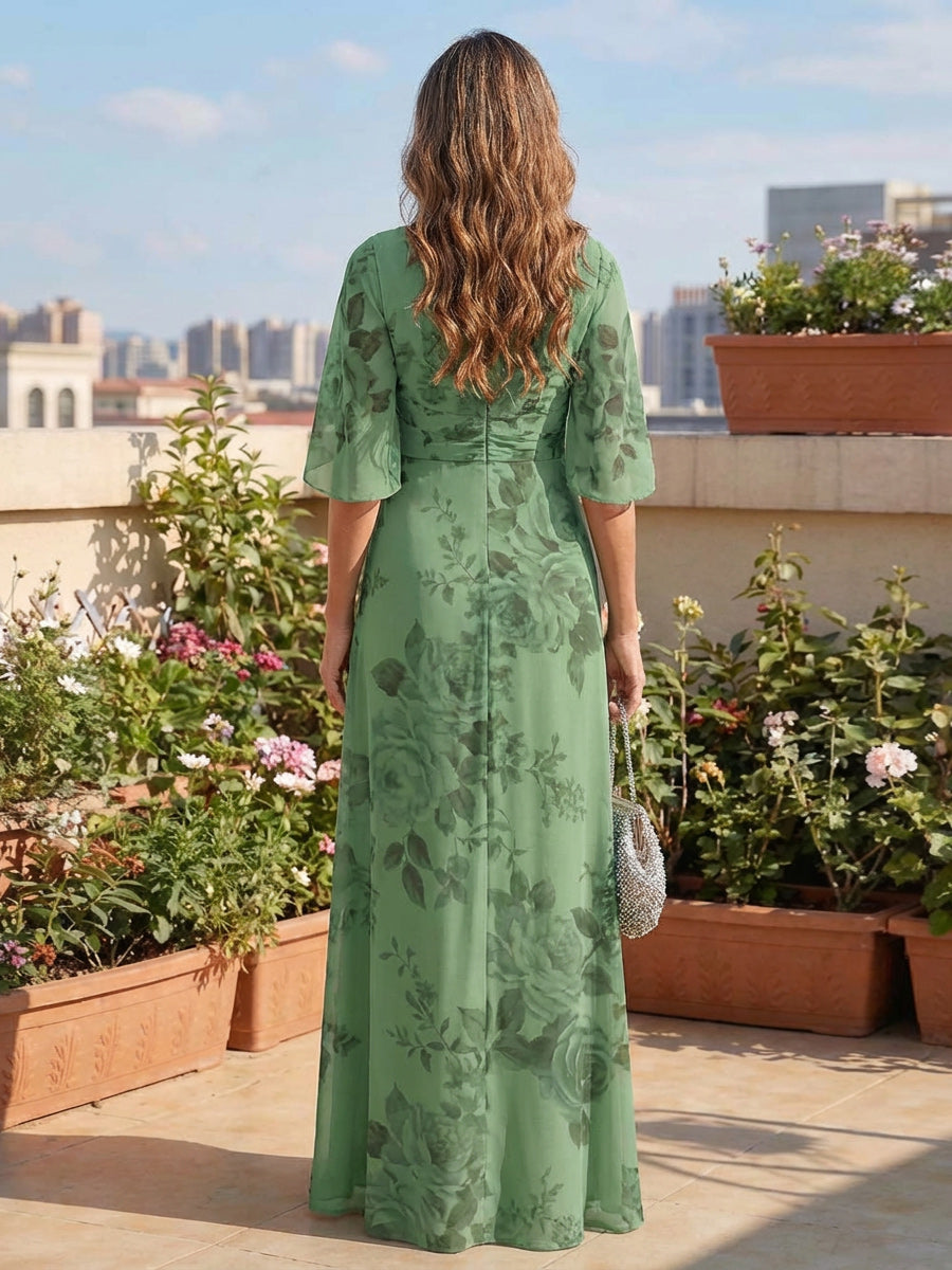 Floral V Neck Short Sleeves Mother of the Bride Dresses