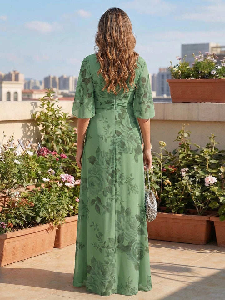 Floral V Neck Short Sleeves Mother of the Bride Dresses