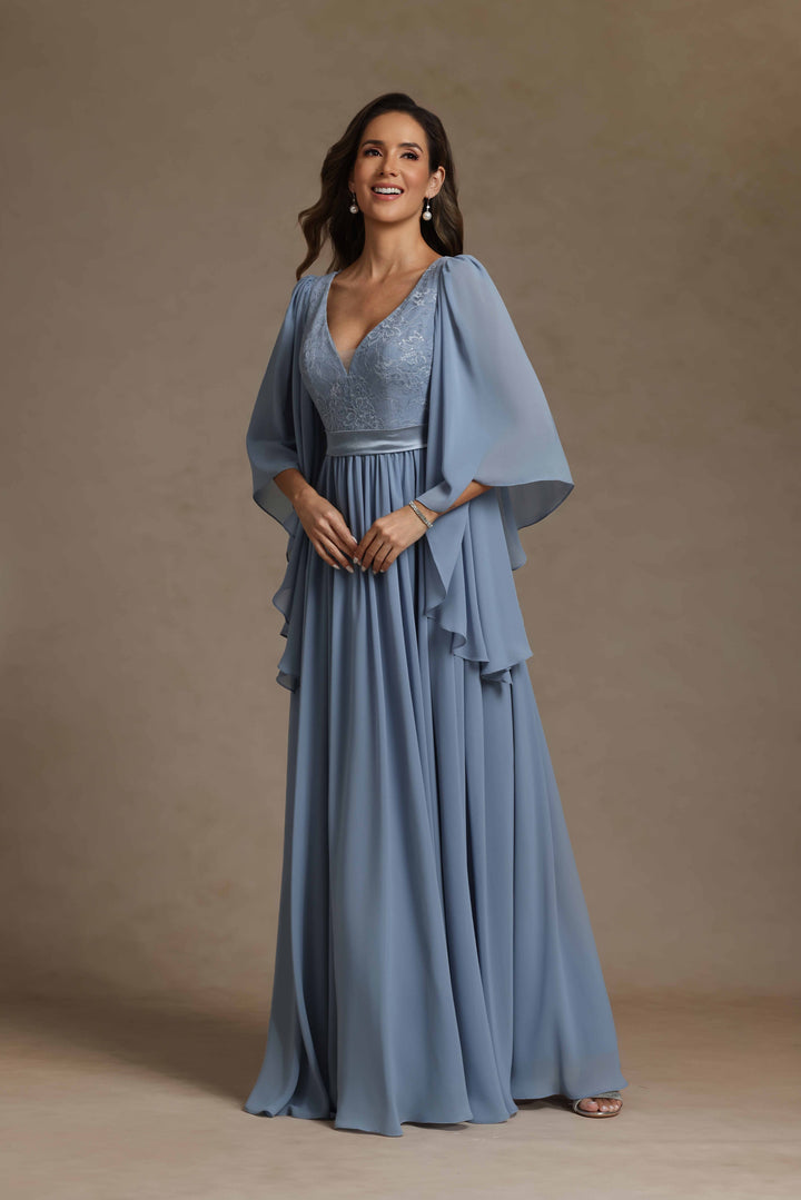 Chiffon Pleated Lace Appliques V Neck Ruffles Mother of the Bride Dresses