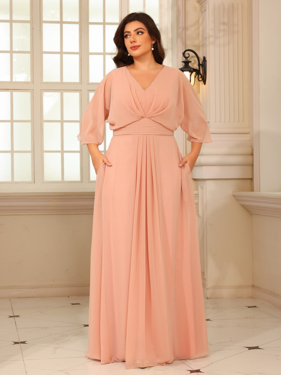 A Line V Neck Chiffon Pleated Mother of the Bride Dresses