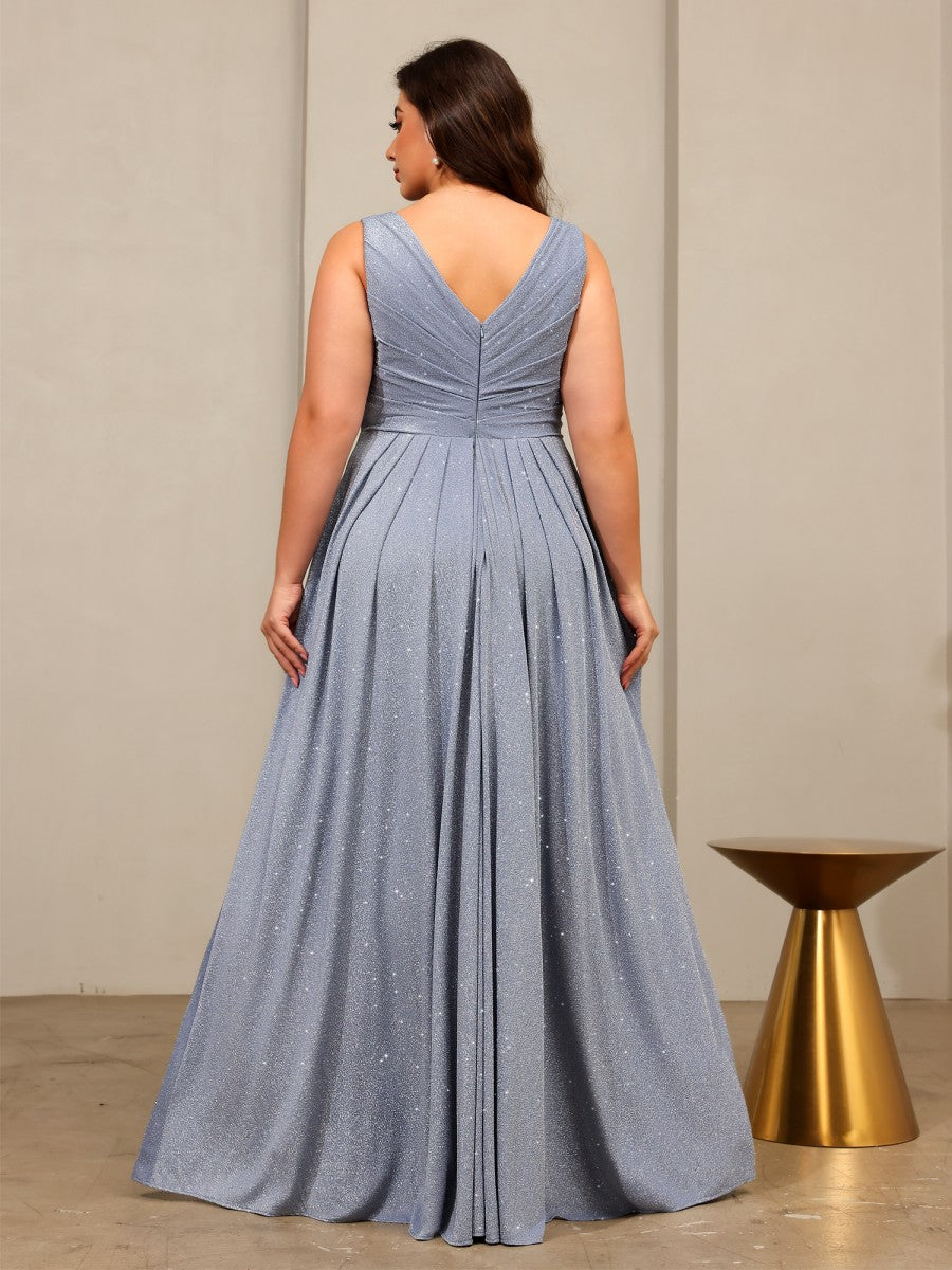 Glitter Tulle A Line V Neck Floor Length Mother of the Bride Dresses
