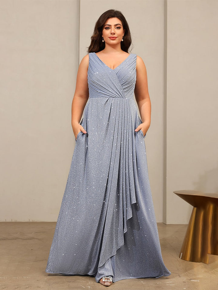 Glitter Tulle A Line V Neck Floor Length Mother of the Bride Dresses